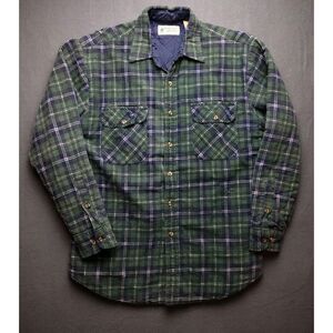 Vtg Thrashed Flannel‎ Quilt Lined Sun Faded Shirt Jacket 80s 90s Plaid M Green